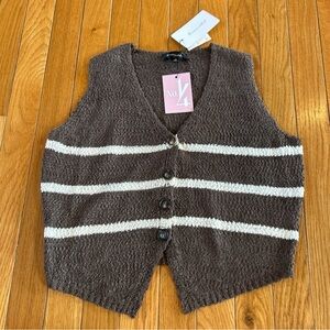 New NWT Line And Dot V-Neck Sleeveless Knit Elsie Vest Brown White Stripe Small